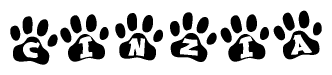 The image shows a series of animal paw prints arranged horizontally. Within each paw print, there's a letter; together they spell Cinzia