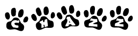 The image shows a series of animal paw prints arranged in a horizontal line. Each paw print contains a letter, and together they spell out the word Chazz.