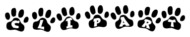 The image shows a row of animal paw prints, each containing a letter. The letters spell out the word Clipart within the paw prints.