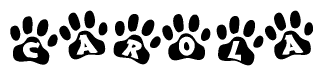 The image shows a series of animal paw prints arranged in a horizontal line. Each paw print contains a letter, and together they spell out the word Carola.