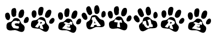 The image shows a row of animal paw prints, each containing a letter. The letters spell out the word Creature within the paw prints.