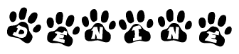 The image shows a series of animal paw prints arranged horizontally. Within each paw print, there's a letter; together they spell Denine