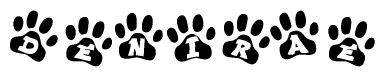 The image shows a series of animal paw prints arranged horizontally. Within each paw print, there's a letter; together they spell Denirae