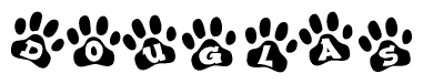 The image shows a series of animal paw prints arranged in a horizontal line. Each paw print contains a letter, and together they spell out the word Douglas.
