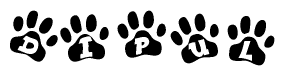 The image shows a row of animal paw prints, each containing a letter. The letters spell out the word Dipul within the paw prints.