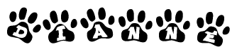The image shows a series of animal paw prints arranged in a horizontal line. Each paw print contains a letter, and together they spell out the word Dianne.