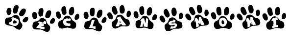 The image shows a series of animal paw prints arranged horizontally. Within each paw print, there's a letter; together they spell Declansmomi