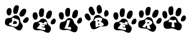 The image shows a series of animal paw prints arranged in a horizontal line. Each paw print contains a letter, and together they spell out the word Delbert.