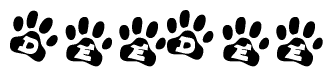The image shows a row of animal paw prints, each containing a letter. The letters spell out the word Deedee within the paw prints.
