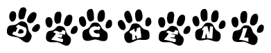 The image shows a series of animal paw prints arranged horizontally. Within each paw print, there's a letter; together they spell Dechenl