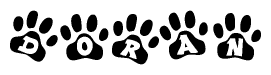 The image shows a series of animal paw prints arranged in a horizontal line. Each paw print contains a letter, and together they spell out the word Doran.