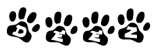 The image shows a series of animal paw prints arranged in a horizontal line. Each paw print contains a letter, and together they spell out the word Deez.