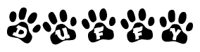 The image shows a series of animal paw prints arranged horizontally. Within each paw print, there's a letter; together they spell Duffy