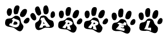 The image shows a row of animal paw prints, each containing a letter. The letters spell out the word Darrel within the paw prints.
