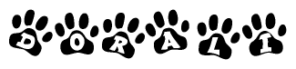 The image shows a series of animal paw prints arranged horizontally. Within each paw print, there's a letter; together they spell Dorali