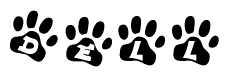 The image shows a series of animal paw prints arranged in a horizontal line. Each paw print contains a letter, and together they spell out the word Dell.