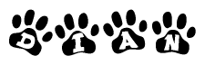 The image shows a series of animal paw prints arranged in a horizontal line. Each paw print contains a letter, and together they spell out the word Dian.