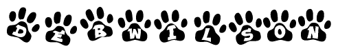 The image shows a series of animal paw prints arranged horizontally. Within each paw print, there's a letter; together they spell Debwilson