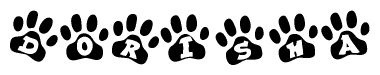 The image shows a row of animal paw prints, each containing a letter. The letters spell out the word Dorisha within the paw prints.