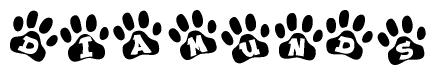 The image shows a series of animal paw prints arranged horizontally. Within each paw print, there's a letter; together they spell Diamunds