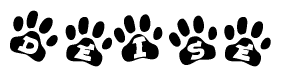 The image shows a series of animal paw prints arranged horizontally. Within each paw print, there's a letter; together they spell Deise