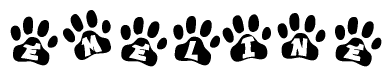 The image shows a series of animal paw prints arranged in a horizontal line. Each paw print contains a letter, and together they spell out the word Emeline.