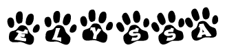 The image shows a series of animal paw prints arranged in a horizontal line. Each paw print contains a letter, and together they spell out the word Elyssa.