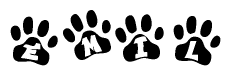 The image shows a series of animal paw prints arranged in a horizontal line. Each paw print contains a letter, and together they spell out the word Emil.