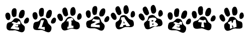 The image shows a row of animal paw prints, each containing a letter. The letters spell out the word Elizabeth within the paw prints.