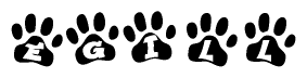 The image shows a row of animal paw prints, each containing a letter. The letters spell out the word Egill within the paw prints.
