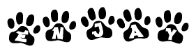 The image shows a row of animal paw prints, each containing a letter. The letters spell out the word Enjay within the paw prints.