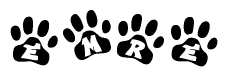 The image shows a series of animal paw prints arranged horizontally. Within each paw print, there's a letter; together they spell Emre