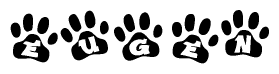 The image shows a series of animal paw prints arranged horizontally. Within each paw print, there's a letter; together they spell Eugen