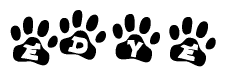 The image shows a series of animal paw prints arranged horizontally. Within each paw print, there's a letter; together they spell Edye