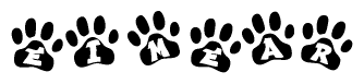 The image shows a series of animal paw prints arranged in a horizontal line. Each paw print contains a letter, and together they spell out the word Eimear.