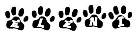 The image shows a series of animal paw prints arranged in a horizontal line. Each paw print contains a letter, and together they spell out the word Eleni.
