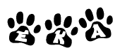 The image shows a series of animal paw prints arranged horizontally. Within each paw print, there's a letter; together they spell Eka
