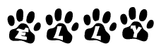 The image shows a series of animal paw prints arranged in a horizontal line. Each paw print contains a letter, and together they spell out the word Elly.