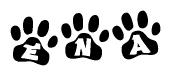 The image shows a series of animal paw prints arranged in a horizontal line. Each paw print contains a letter, and together they spell out the word Ena.