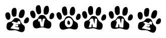 The image shows a series of animal paw prints arranged in a horizontal line. Each paw print contains a letter, and together they spell out the word Evonne.
