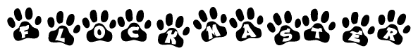 The image shows a series of animal paw prints arranged in a horizontal line. Each paw print contains a letter, and together they spell out the word Flockmaster.