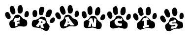 The image shows a series of animal paw prints arranged horizontally. Within each paw print, there's a letter; together they spell Francis