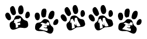 The image shows a series of animal paw prints arranged in a horizontal line. Each paw print contains a letter, and together they spell out the word Femme.
