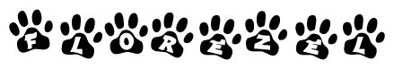 The image shows a row of animal paw prints, each containing a letter. The letters spell out the word Florezel within the paw prints.