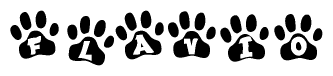 The image shows a series of animal paw prints arranged in a horizontal line. Each paw print contains a letter, and together they spell out the word Flavio.
