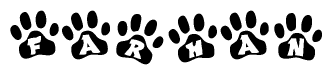 The image shows a series of animal paw prints arranged in a horizontal line. Each paw print contains a letter, and together they spell out the word Farhan.