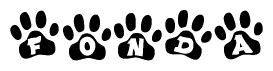 The image shows a series of animal paw prints arranged horizontally. Within each paw print, there's a letter; together they spell Fonda