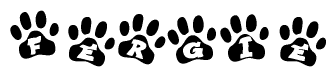 The image shows a series of animal paw prints arranged in a horizontal line. Each paw print contains a letter, and together they spell out the word Fergie.