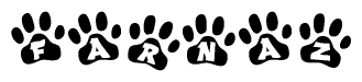 The image shows a row of animal paw prints, each containing a letter. The letters spell out the word Farnaz within the paw prints.