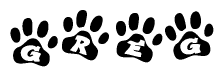 The image shows a series of animal paw prints arranged in a horizontal line. Each paw print contains a letter, and together they spell out the word Greg.